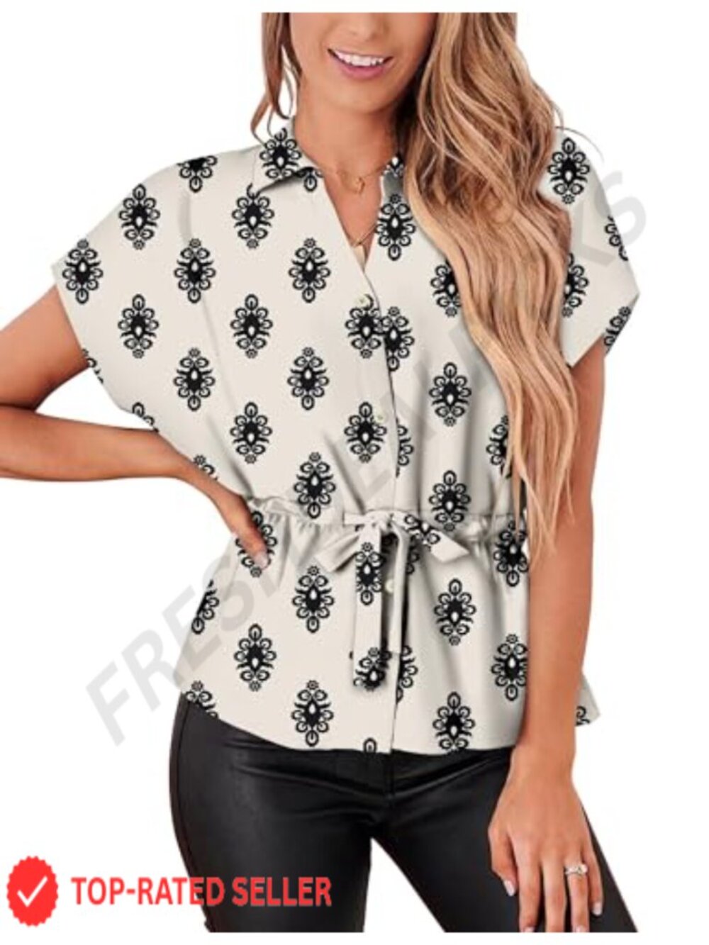 Women's Short Sleeve V-Neck Button Down Peasant Blouse